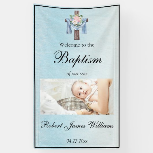 Custom Photo Floral Christening Baptism Welcome Spandoek (Verticaal)