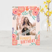 Custom Photo "Happy Birthday" Pink Coral Roses Kaart (Gele Bloem)