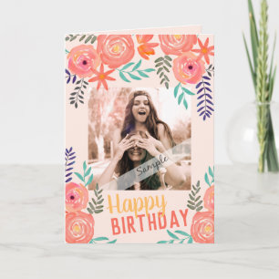 Custom Photo "Happy Birthday" Pink Coral Roses Kaart