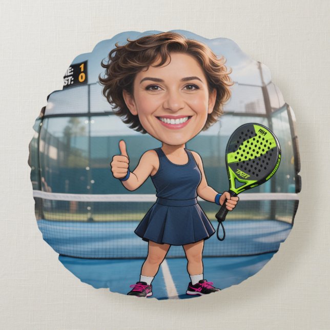 Custom Photo Head Padel/Pickleball Player Caricatu Rond Kussen (Voorkant)