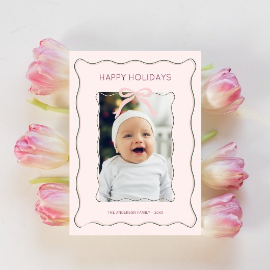 Custom Photo Holiday Kaart Pink Bow Squiggly Lijst