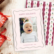 Custom Photo Holiday Kaart Pink Bow Squiggly Lijst