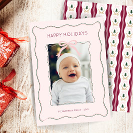 Custom Photo Holiday Kaart Pink Bow Squiggly Lijst