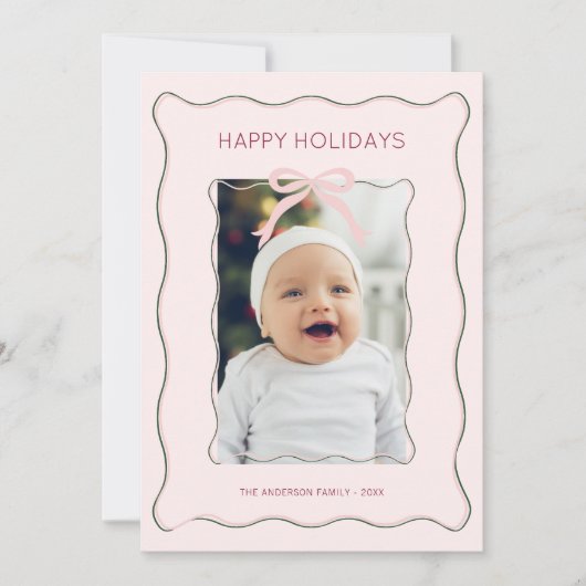 Custom Photo Holiday Kaart Pink Bow Squiggly Lijst (Voorkant)