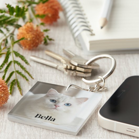 Custom photo keychain with cute white kitty cat (Voorkant Rechts)