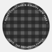 Custom Photo Merry Christmas Gray Buffalo Plaid Ronde Sticker (Voorkant)