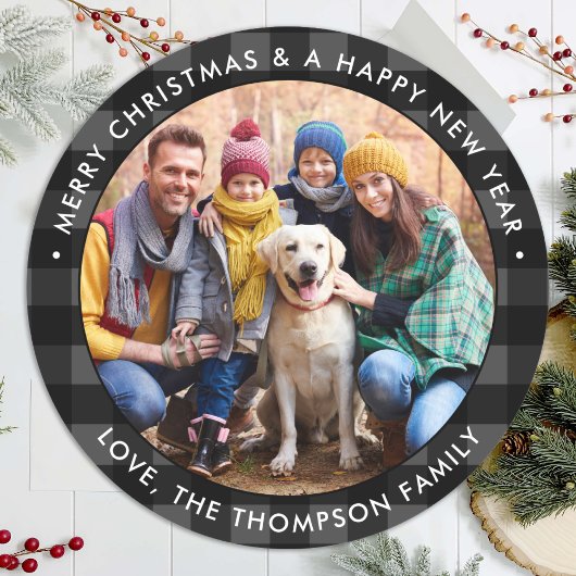 Custom Photo Merry Christmas Gray Buffalo Plaid Ronde Sticker