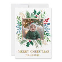 Custom Photo Merry Christmas Watercolor Botanical 