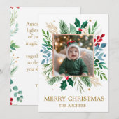 Custom Photo Merry Christmas Watercolor Botanical  Feestdagenkaart (Voorkant / Achterkant)