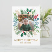 Custom Photo Merry Christmas Watercolor Botanical  Feestdagenkaart (Staand voorkant)