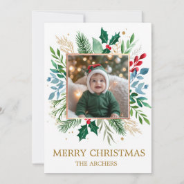 Custom Photo Merry Christmas Watercolor Botanical  Feestdagenkaart