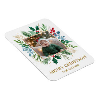 Custom Photo Merry Christmas Watercolor Botanical  Magneet
