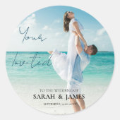 Custom Photo Modern Beach Wedding Ronde Sticker (Voorkant)