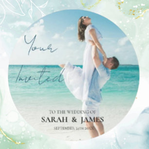 Custom Photo Modern Beach Wedding Ronde Sticker
