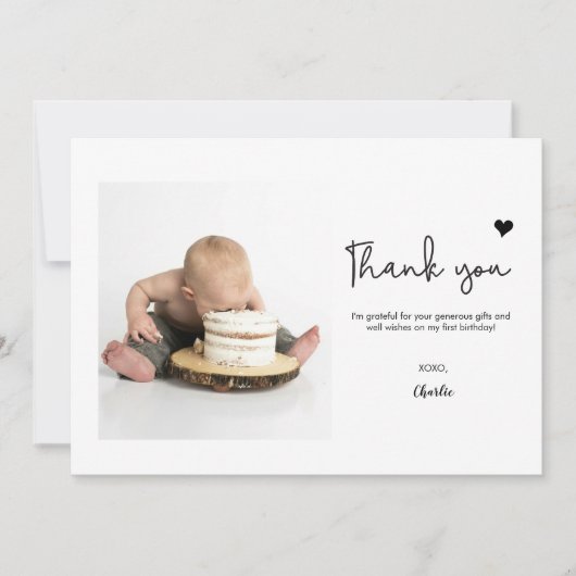 Custom Photo Modern heart First Birthday Bedankkaart (Voorkant)