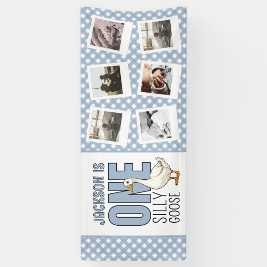 Custom Photo Modern One Silly Goose First Birthday Spandoek (Verticaal)