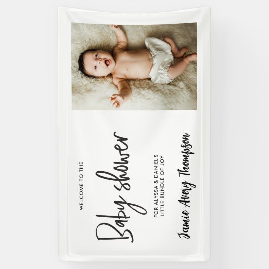 Custom photo Modern Script Baby Shower Welcome  Spandoek (Verticaal)