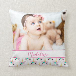 Custom Photo & Name/Floral Smiling Unicorn Kussen