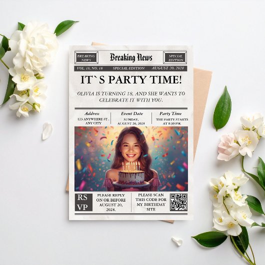Custom Photo Newspaper Style Birthday Invitation Kaart