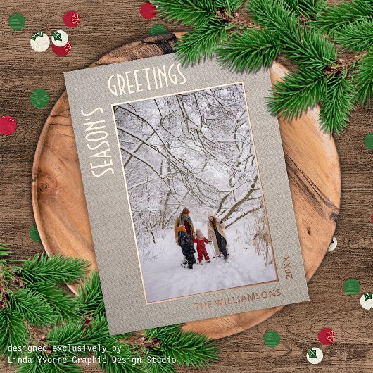 Custom Photo On Faux Jute Burlap Pattern Rose Gold Folie Feestdagen Briefkaart