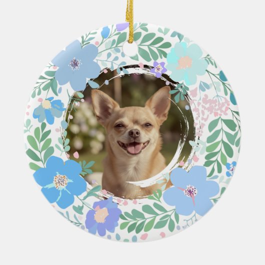 Custom Photo Pastel Blue Chihuahua & Floral Keramisch Ornament (Achterkant)