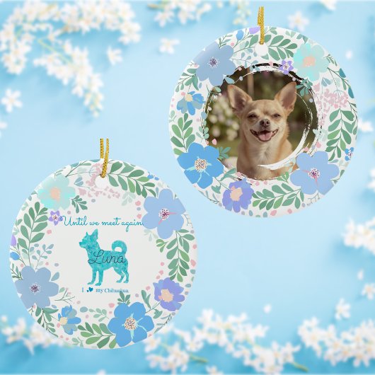 Custom Photo Pastel Blue Chihuahua & Floral Keramisch Ornament