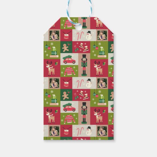Custom Photo Patchwork Traditionele Kerst Cadeaulabel (Voorkant)