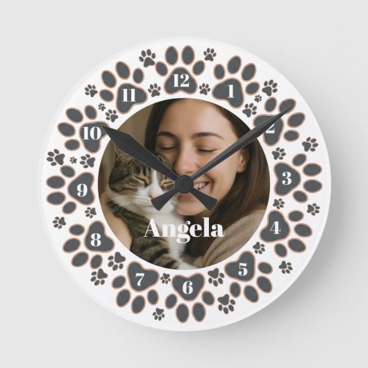 Custom Photo Pet Paw Print Wall Clock  Ronde Klok (Voorkant)