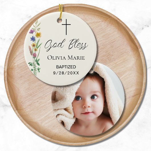 Custom Photo Religious Baptism Wildflower Keramisch Ornament