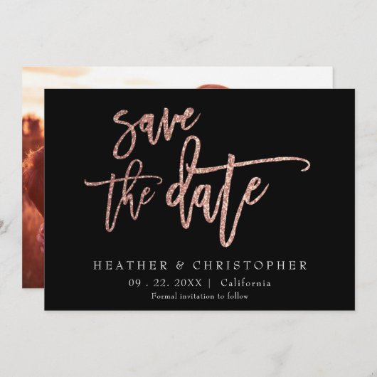 Custom Photo Roos Gold Glitter Save the Date Kaart (Voorkant / Achterkant)