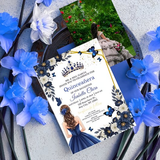 Custom Photo Royal Blue Quinceañera Invite Kaart