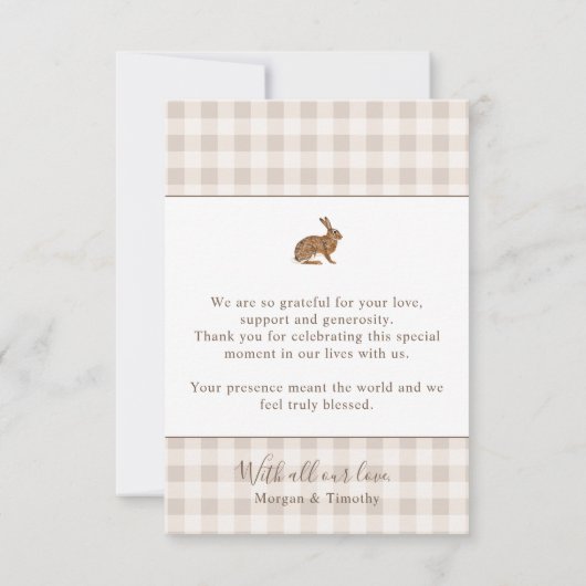 Custom Photo Rustic Beige Gingham And Hare Wedding Bedankkaart (Achterkant)