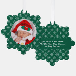 Custom Photo Santa Baby Snowflakes & Green Paper Ornament Kaart
