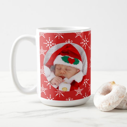 Custom Photo Santa Baby Snowflakes & Red BKGRD Koffiemok (Met donut)