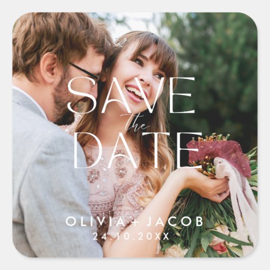 Custom Photo Save the Date with Couple Photo Vierkante Sticker (Voorkant)
