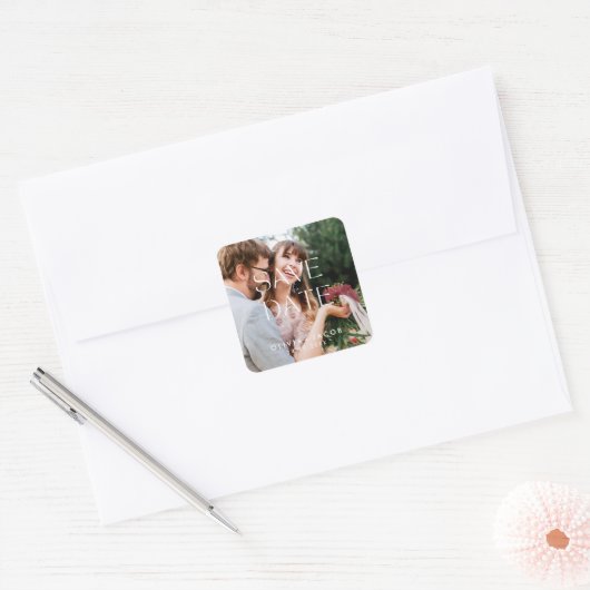 Custom Photo Save the Date with Couple Photo Vierkante Sticker (Envelop)