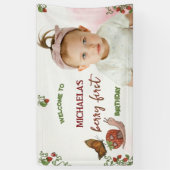 Custom Photo Strawberry 1st Birthday Welcome Sign  Spandoek (Verticaal)