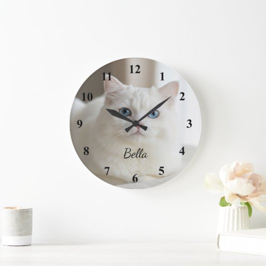 Custom photo wall clock with beautiful white cat grote klok (Huis)