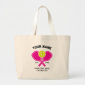 Custom Pickleball Team Naam – Pink Paddle Design Grote Tote Bag (Voorkant)