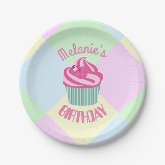 Custom Pink Birthday Cupcake Personalised Papieren Bordje (Voorkant)