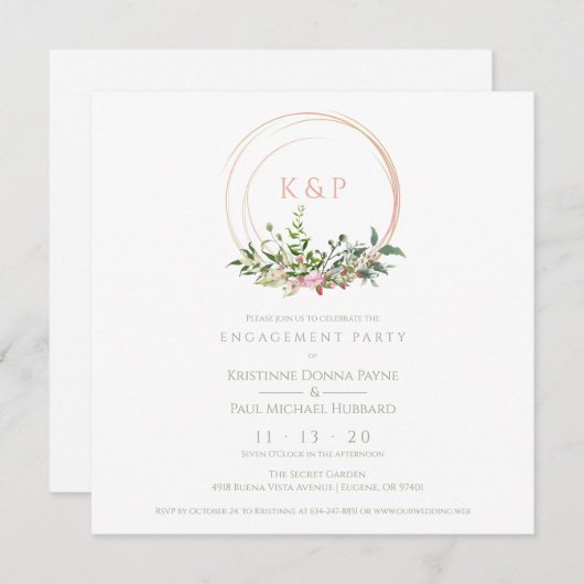 Custom Pink Elegant Garland Wreath Wedding Party Kaart (Voorkant / Achterkant)