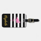 Custom Pink Flamingo op zwart-witte strepen Bagagelabel (Voorkant horizontaal)