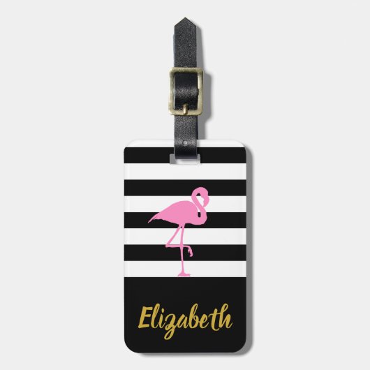 Custom Pink Flamingo op zwart-witte strepen Bagagelabel (Voorkant verticaal)