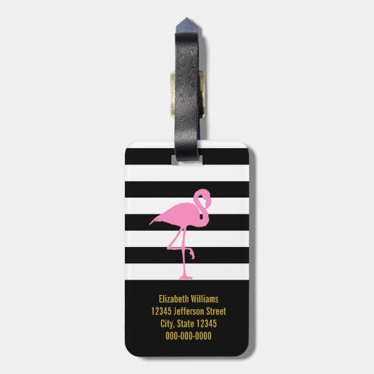 Custom Pink Flamingo op zwart-witte strepen Bagagelabel (Achterkant verticaal)