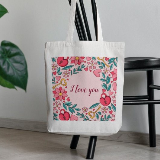 Custom Pink Floral Heart Ik hou van je Moederdag Tote Bag