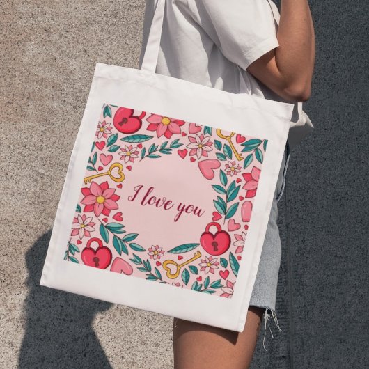 Custom Pink Floral Heart Ik hou van je Moederdag Tote Bag