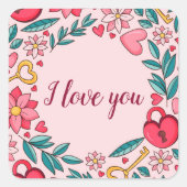 Custom Pink Floral Heart Ik hou van je Moederdag Vierkante Sticker (Voorkant)