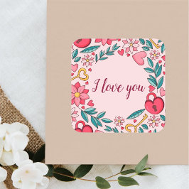 Custom Pink Floral Heart Ik hou van je Moederdag Vierkante Sticker
