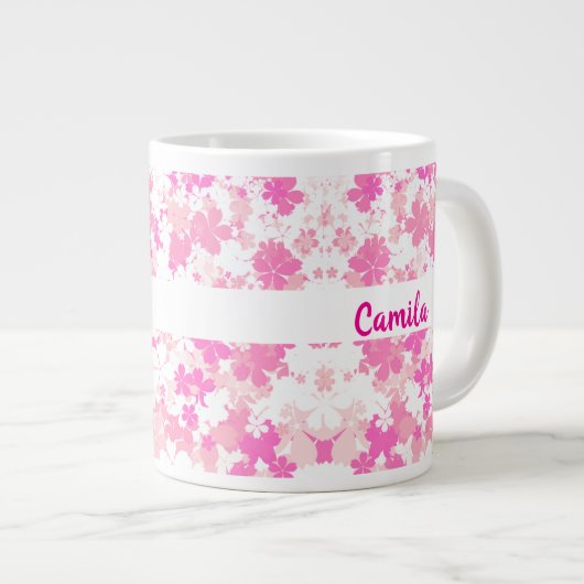 Custom Pink Floral Name Coffee Mug Grote Koffiekop (Voorkant rechts)