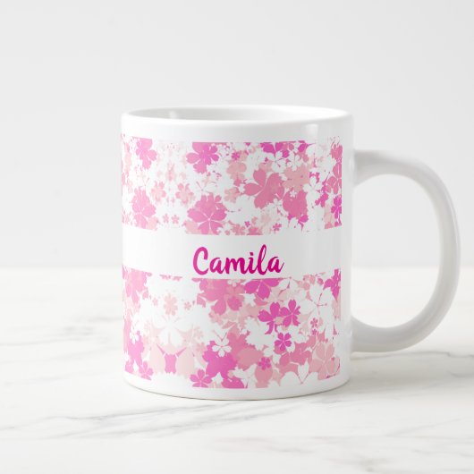 Custom Pink Floral Name Coffee Mug Grote Koffiekop (Rechts)